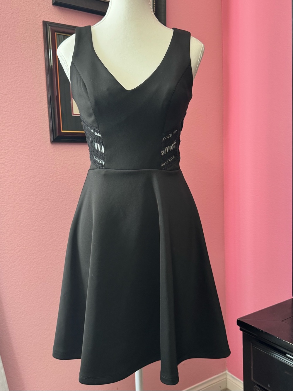 Xoxo black party/ cocktail A line dress with side embroidered cut outs.